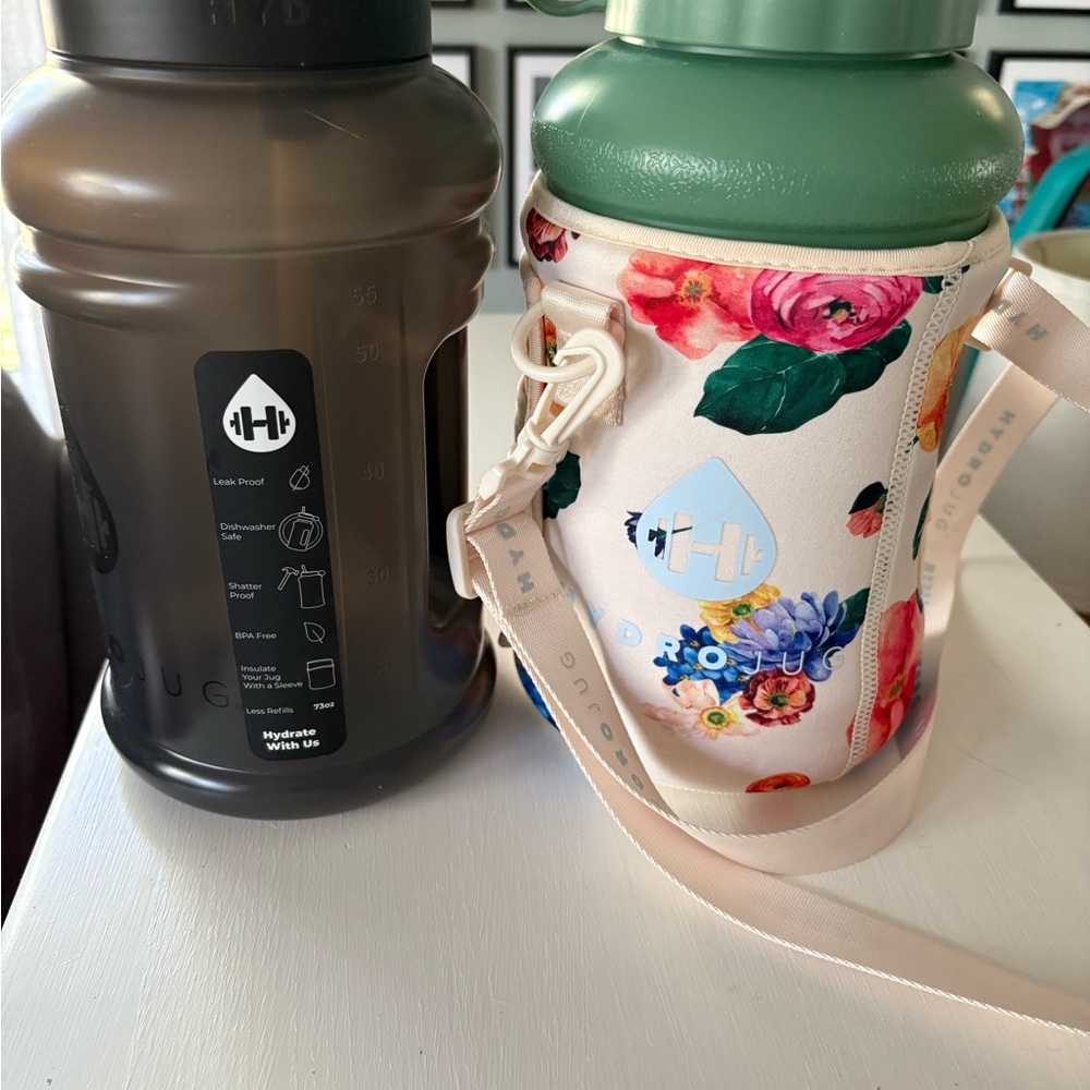 HydroJug Black and Green Water Bottles with Floral Sleeve